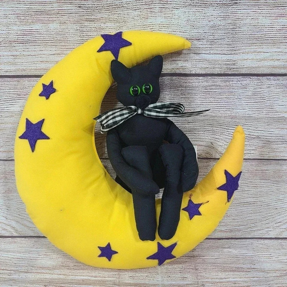 Vintage Overly Raker Plush Black Cat On Moon Checkered Bow Tie Purple Stars 11" - Picture 1 of 6